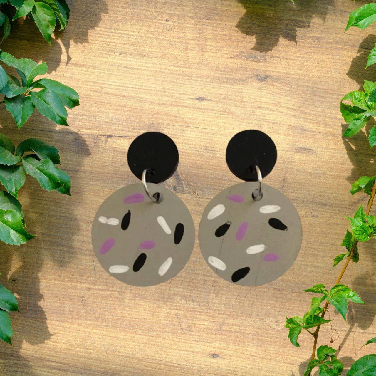 Wooden Dangles Grey and Purple Sprinkle