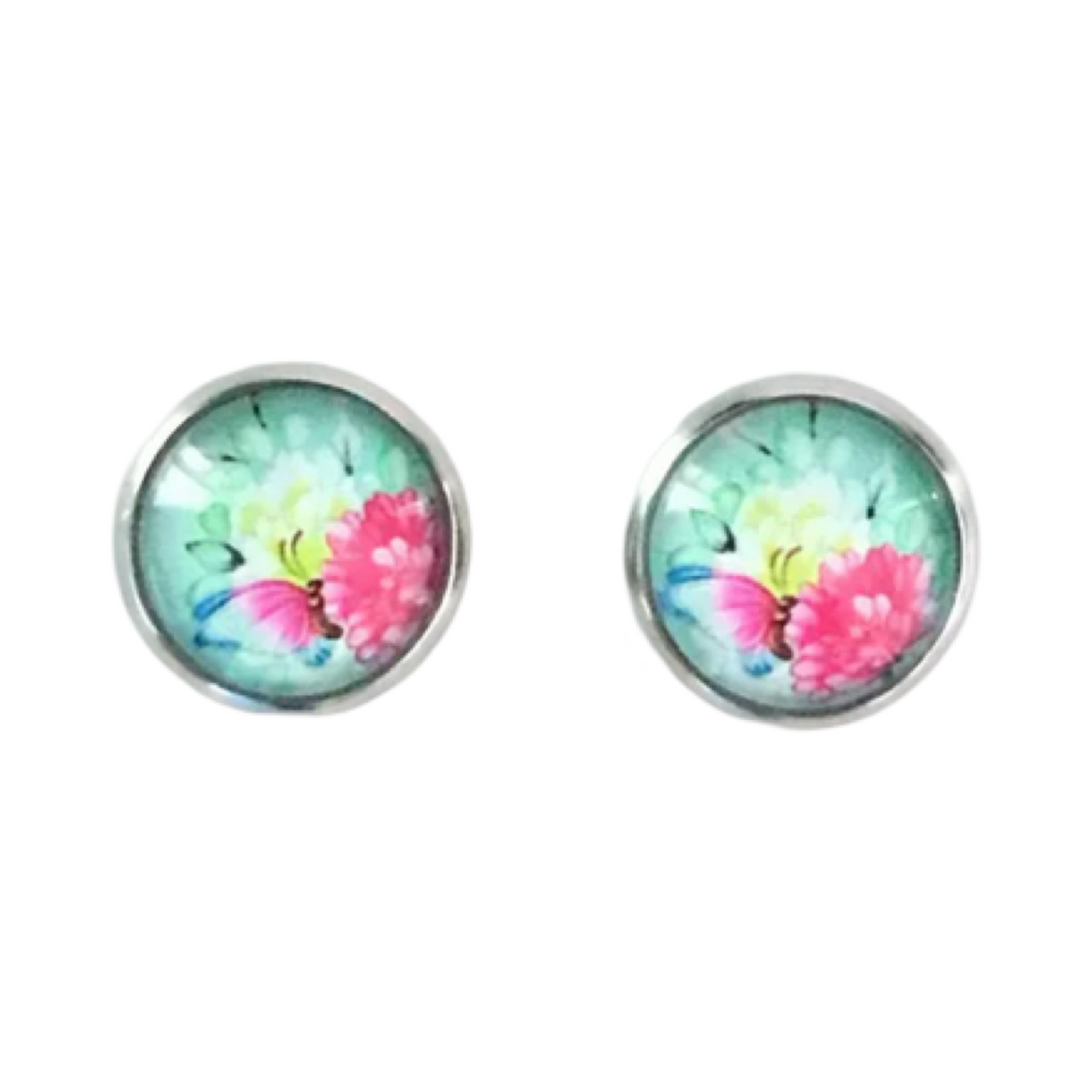 Aqua and pink floral dome earrings 12mm