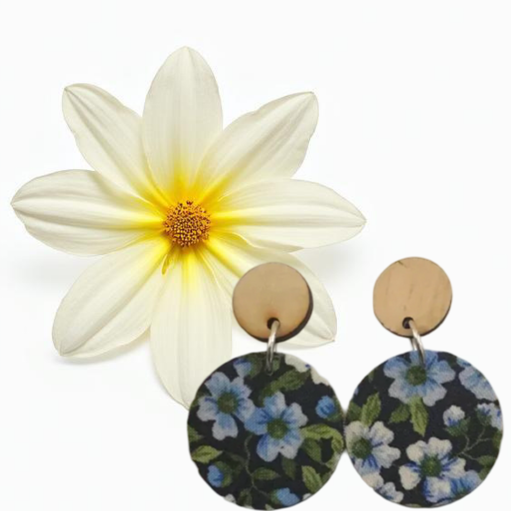 Blue Floral Garden Fabric Wooden Dangles