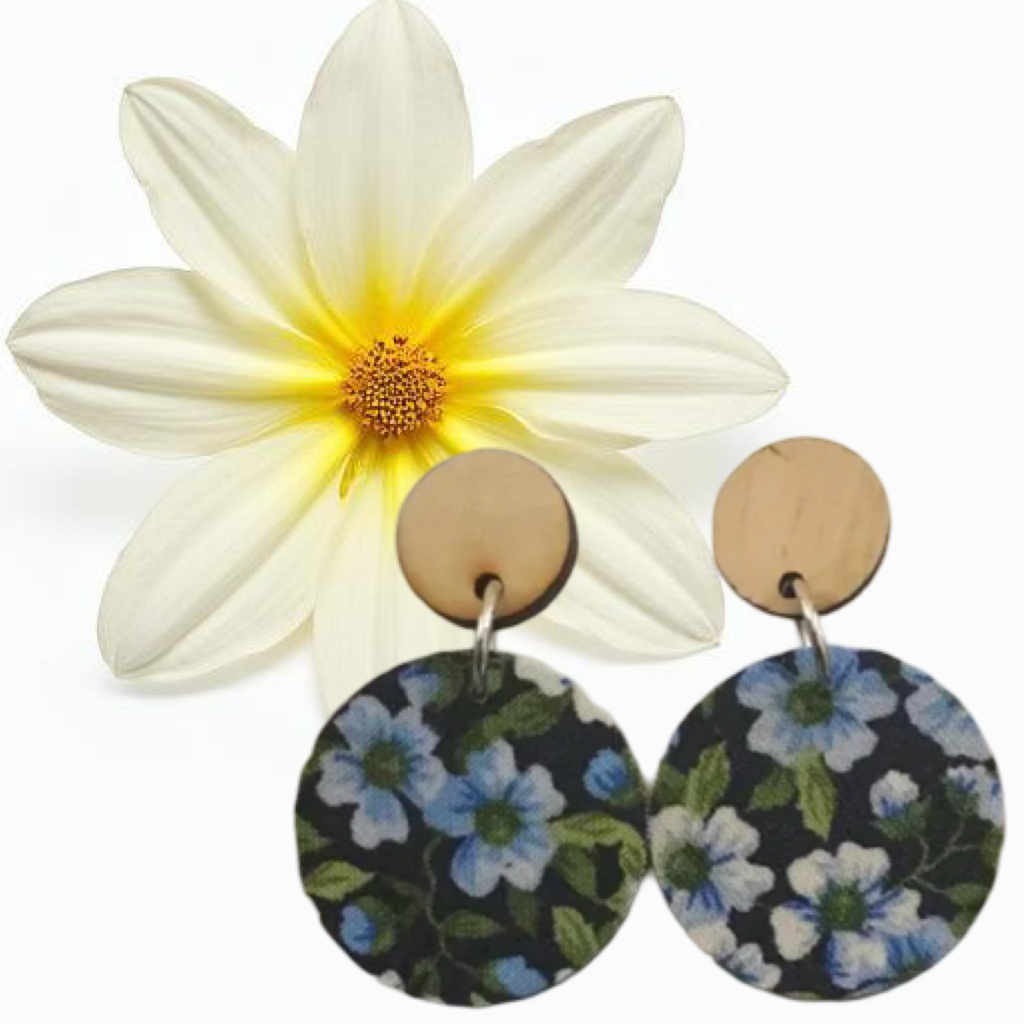 Blue Floral Garden Fabric Wooden Dangles