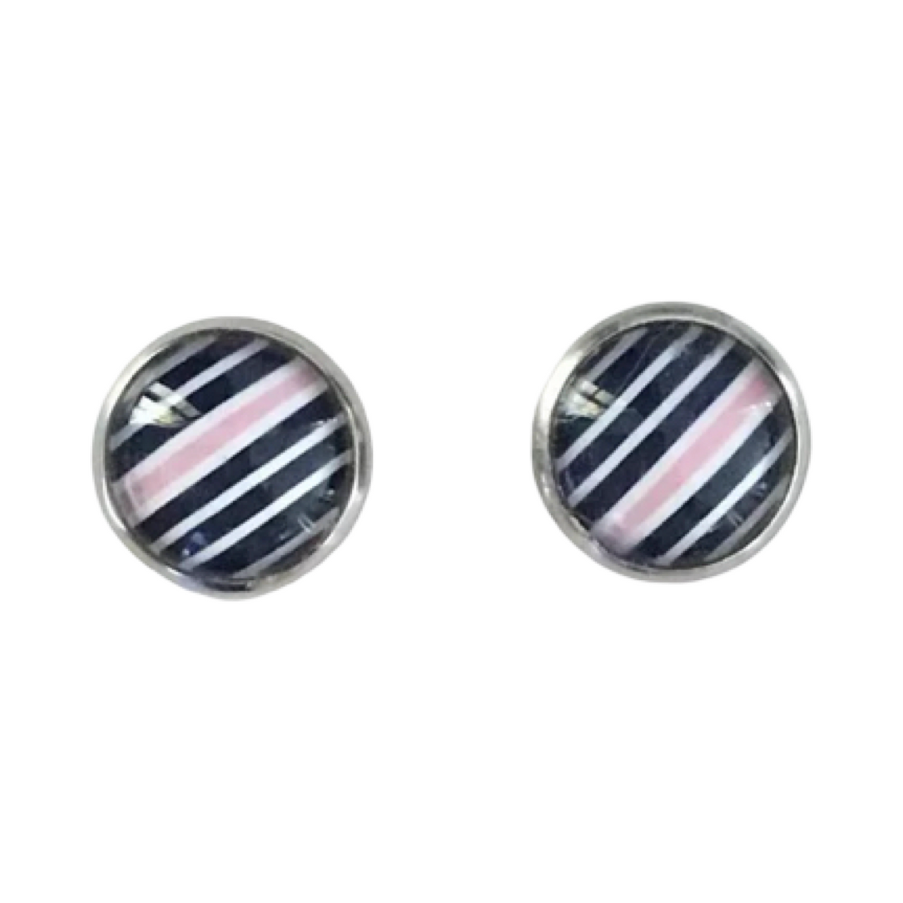 Black and white and pink striped glass dome earrings 12mm