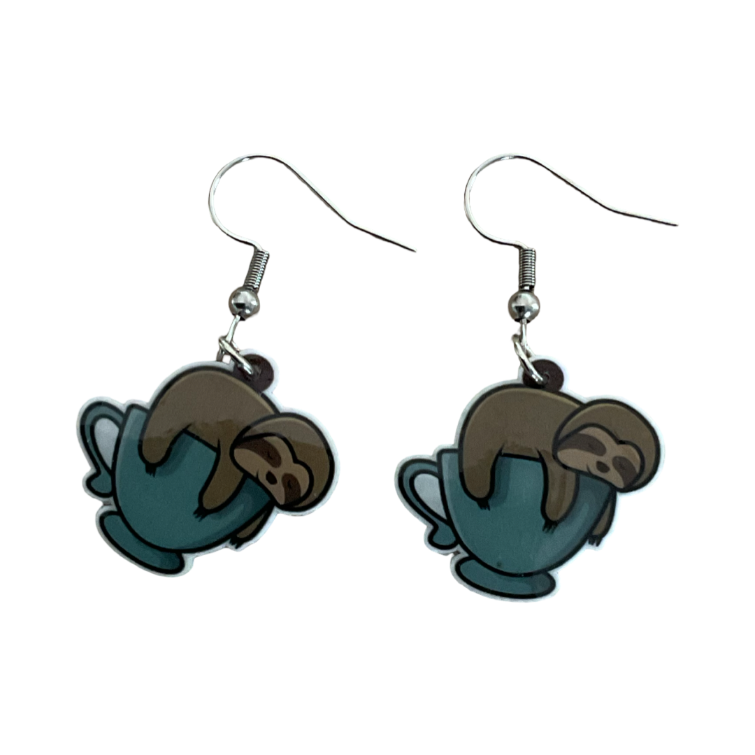‘SLOFFEE’ Sloth- in - a - coffee cup - earrings 2 styles