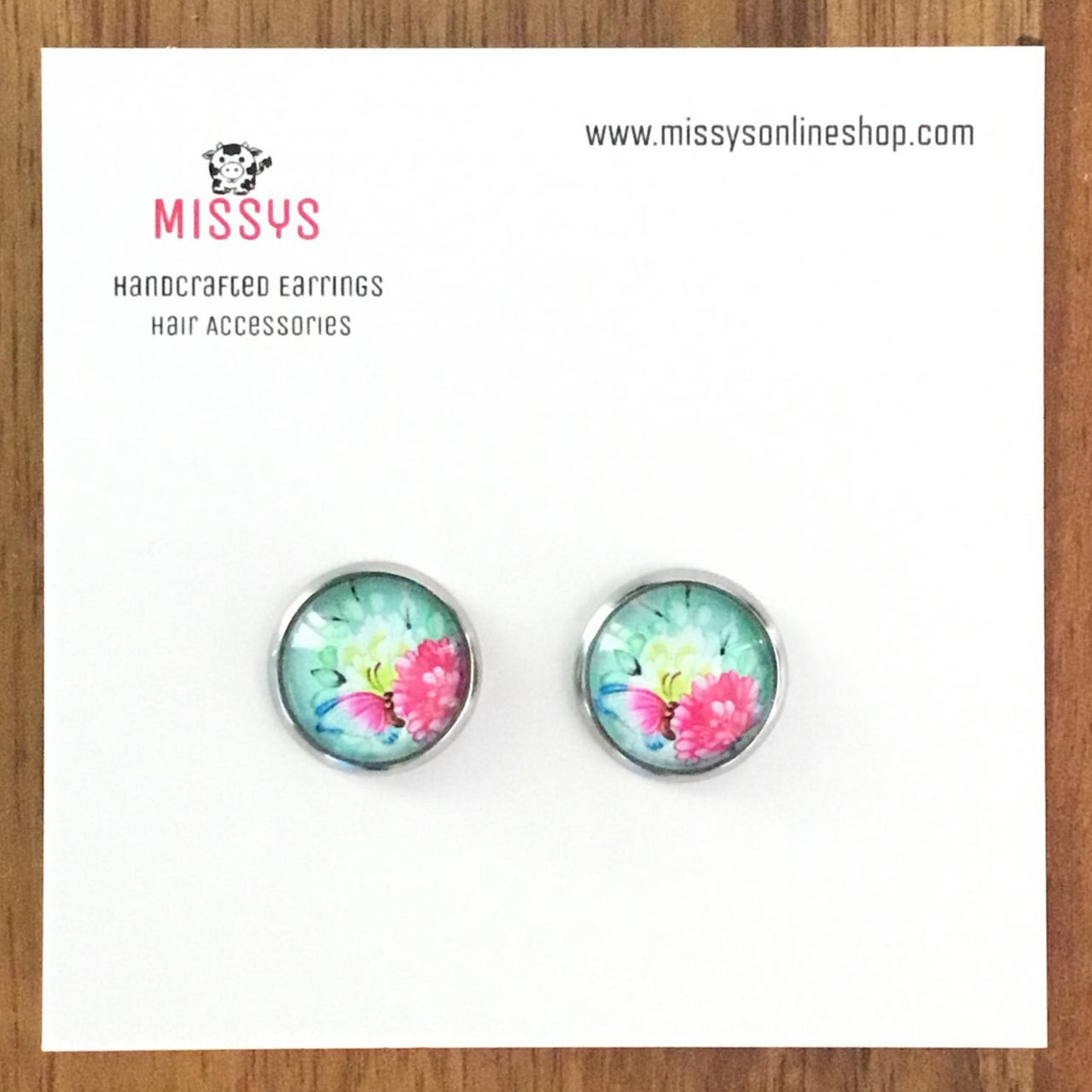 Aqua and pink floral dome earrings 12mm